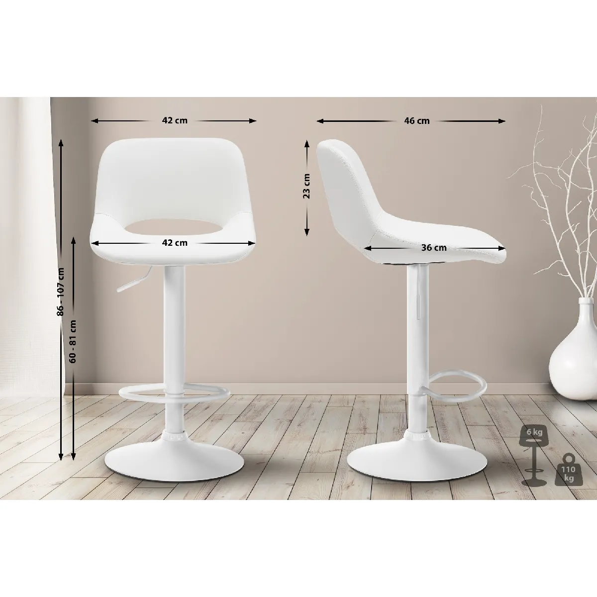 Tabouret De Bar Camden Simili Cuir Blanc Blanc