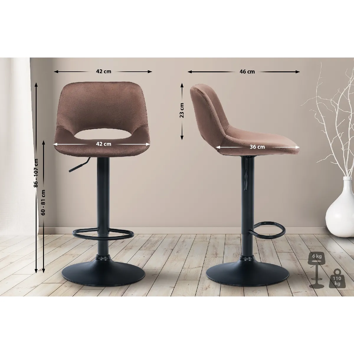 Tabouret De Bar Camden Velours Noir Brun