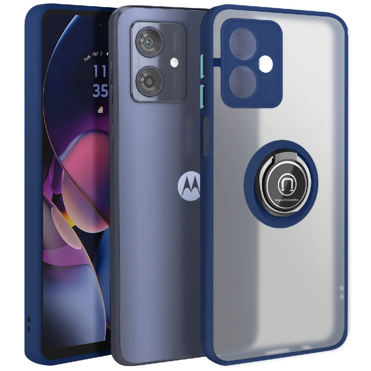 Coque Pour Motorola Moto G54 Bague Métallique Support Vidéo Bleu Nuit