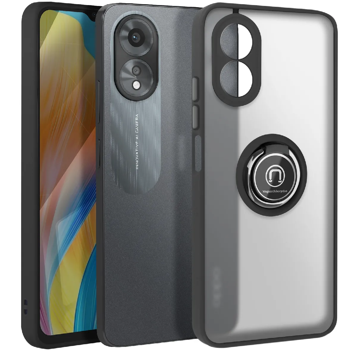 Coque Pour Oppo A38 Bague Métallique Support Vidéo Noir