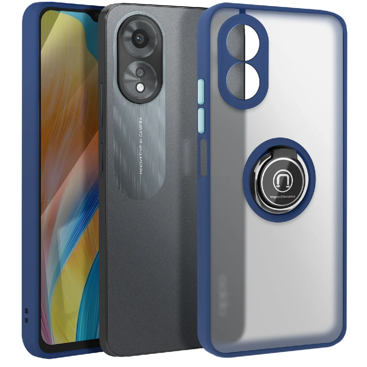 Coque Pour Oppo A38 Bague Métallique Support Vidéo Bleu Nuit