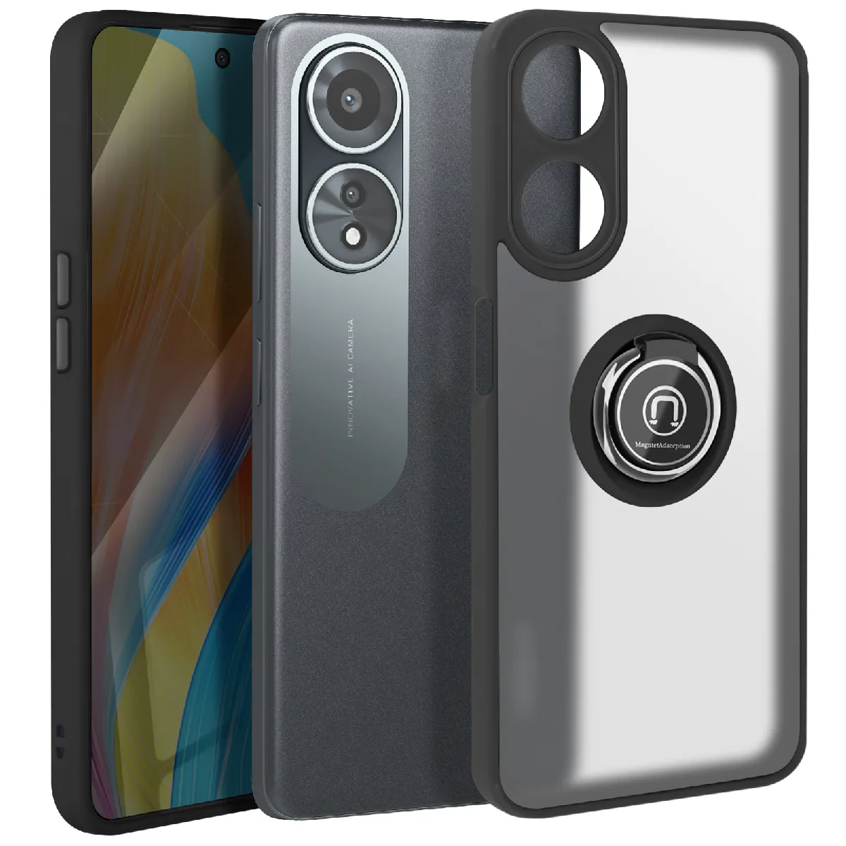 Coque Pour Oppo A58 Bague Métallique Support Vidéo Noir