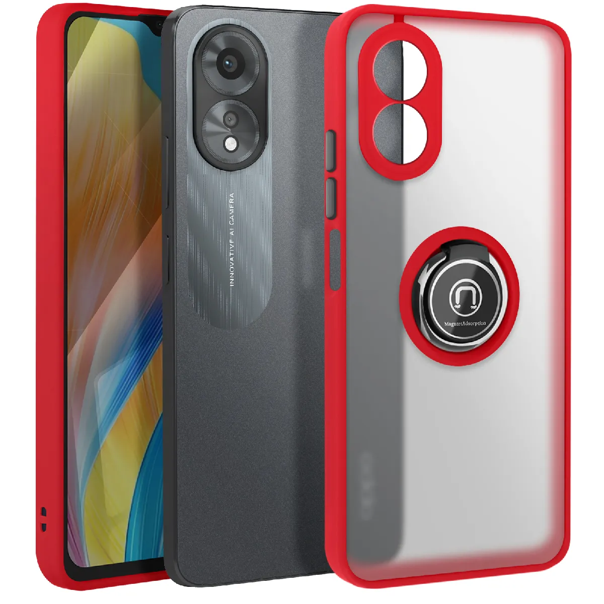 Coque Pour Oppo A38 Bague Métallique Support Vidéo Rouge