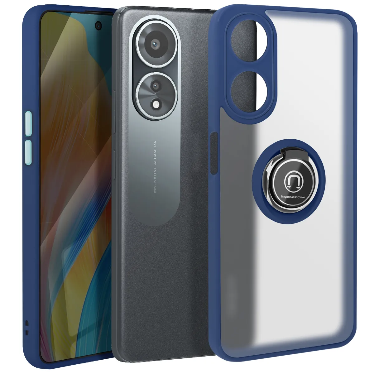 Coque Pour Oppo A58 Bague Métallique Support Vidéo Bleu Nuit