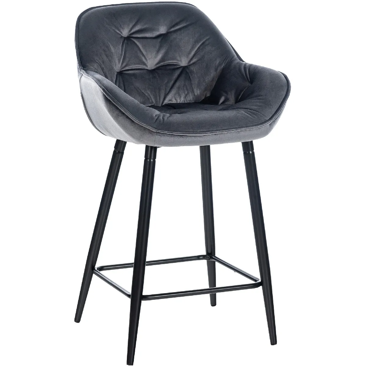 Tabouret De Bar Chaise Haute X1 Assise Effet Capitonnée En Velours Gris Foncé Et Métal 10_0004892