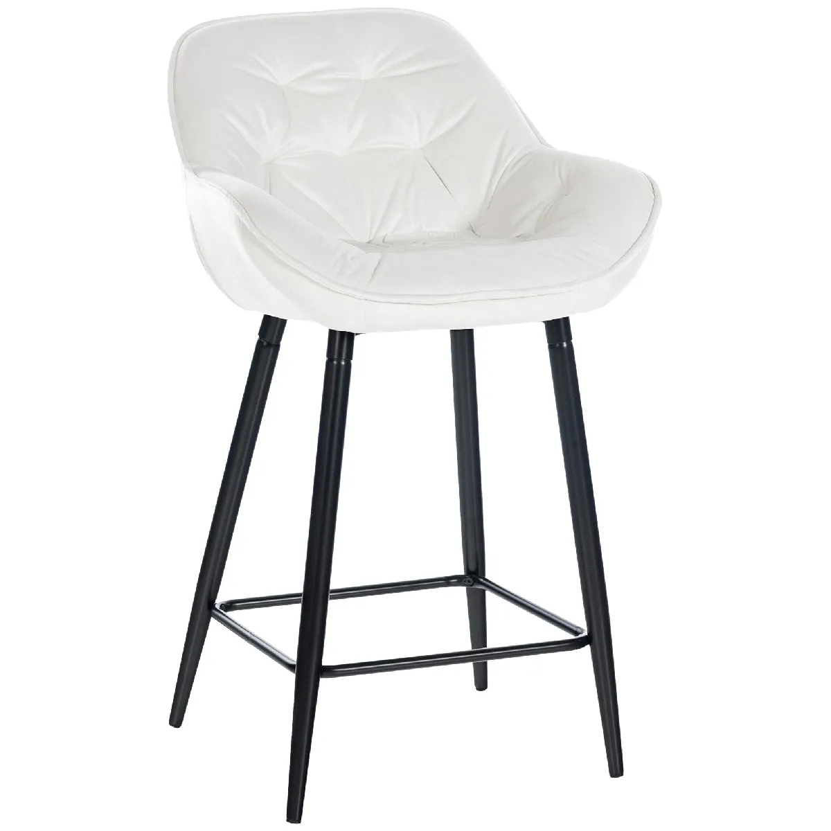 Tabouret De Bar Chaise Haute X1 Assise Effet Capitonnée En Velours Blanc Crème Et Métal 10_0004884