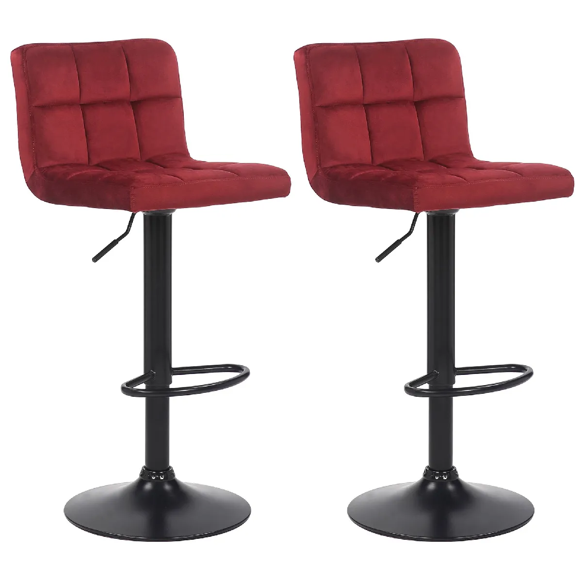 Lot De 2 Tabourets De Bar En Velours Rouge Coutures Décoratives Piètement Métal Noir 10_0004147