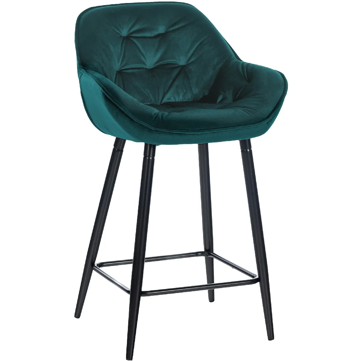 Tabouret De Bar Chaise Haute X1 Assise Effet Capitonnée En Velours Vert Foncé Et Métal 10_0004886
