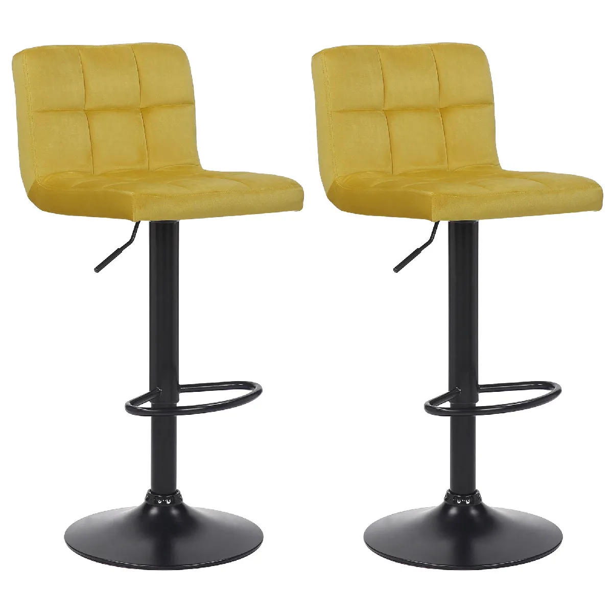 Lot De 2 Tabourets De Bar En Velours Jaune Coutures Décoratives Piètement Métal Noir 10_0004148