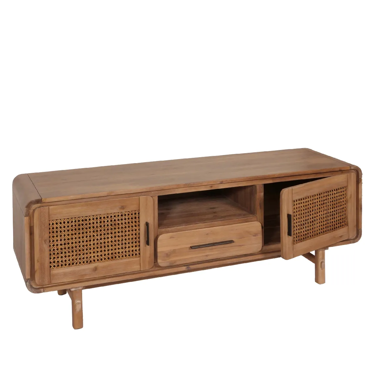 Meuble Tv Avec Tiroir Et Trois Compartiments De Rangement En Bois D'acacia Mdf Et 04_0007867