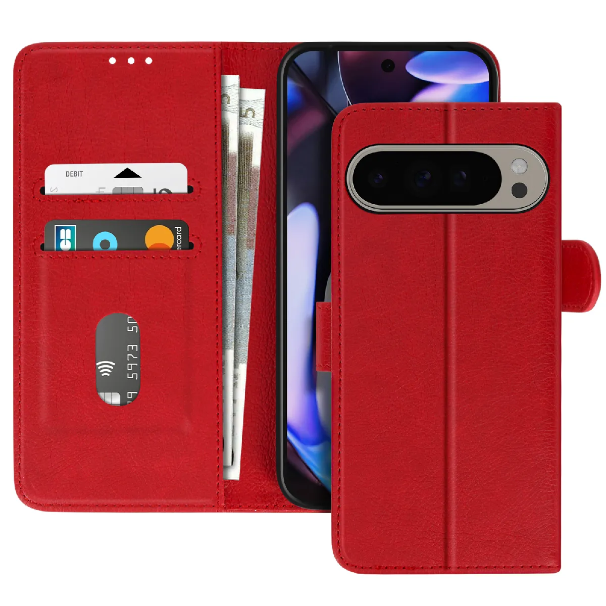 Étui Pour Google Pixel 9 Pro Xl Clapet Portefeuille Et Support Vidéo Rouge