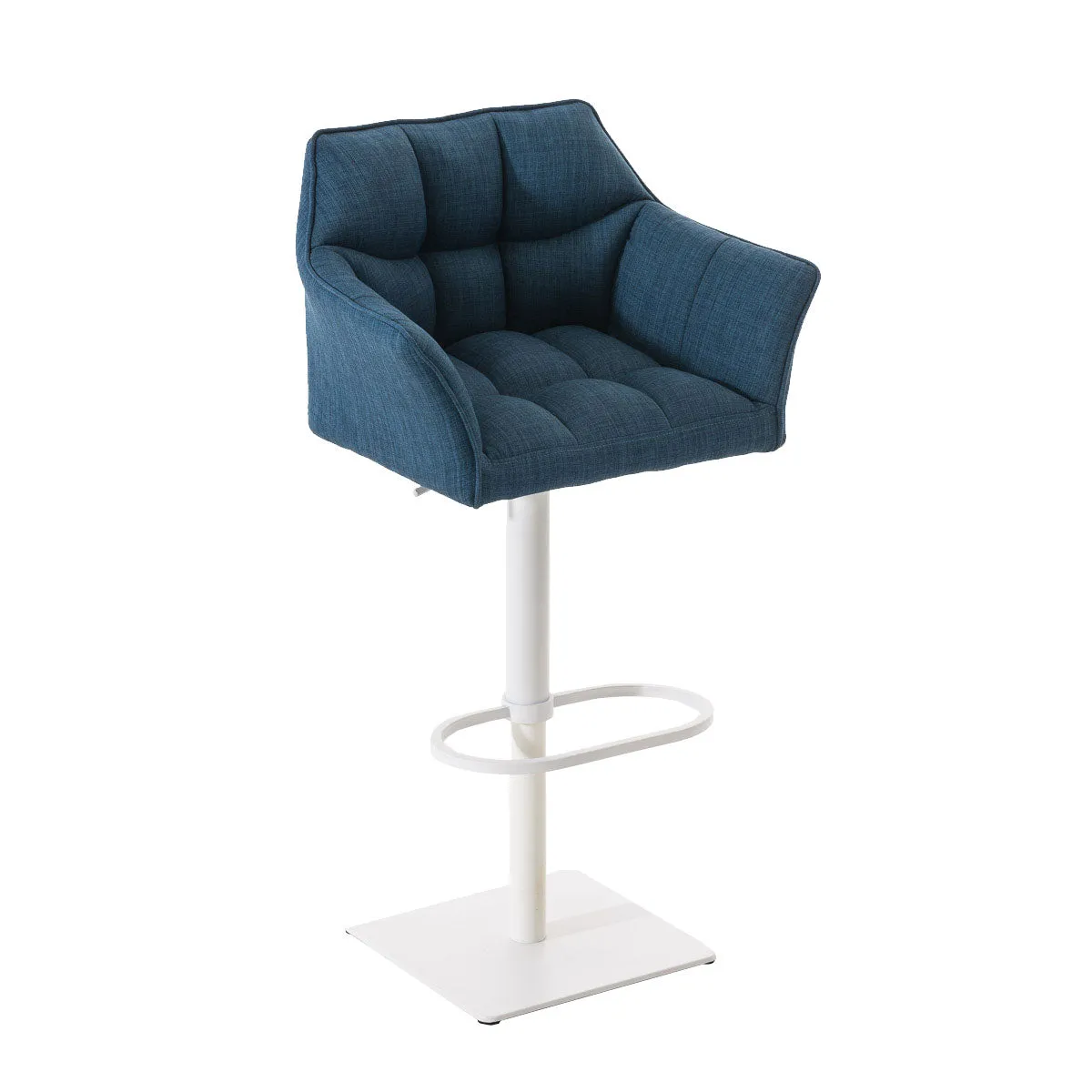 Tabouret De Bar Chaise Haute De Comptoir Couture Carrées Assise En Tissu Bleu Cadre 10_0004751