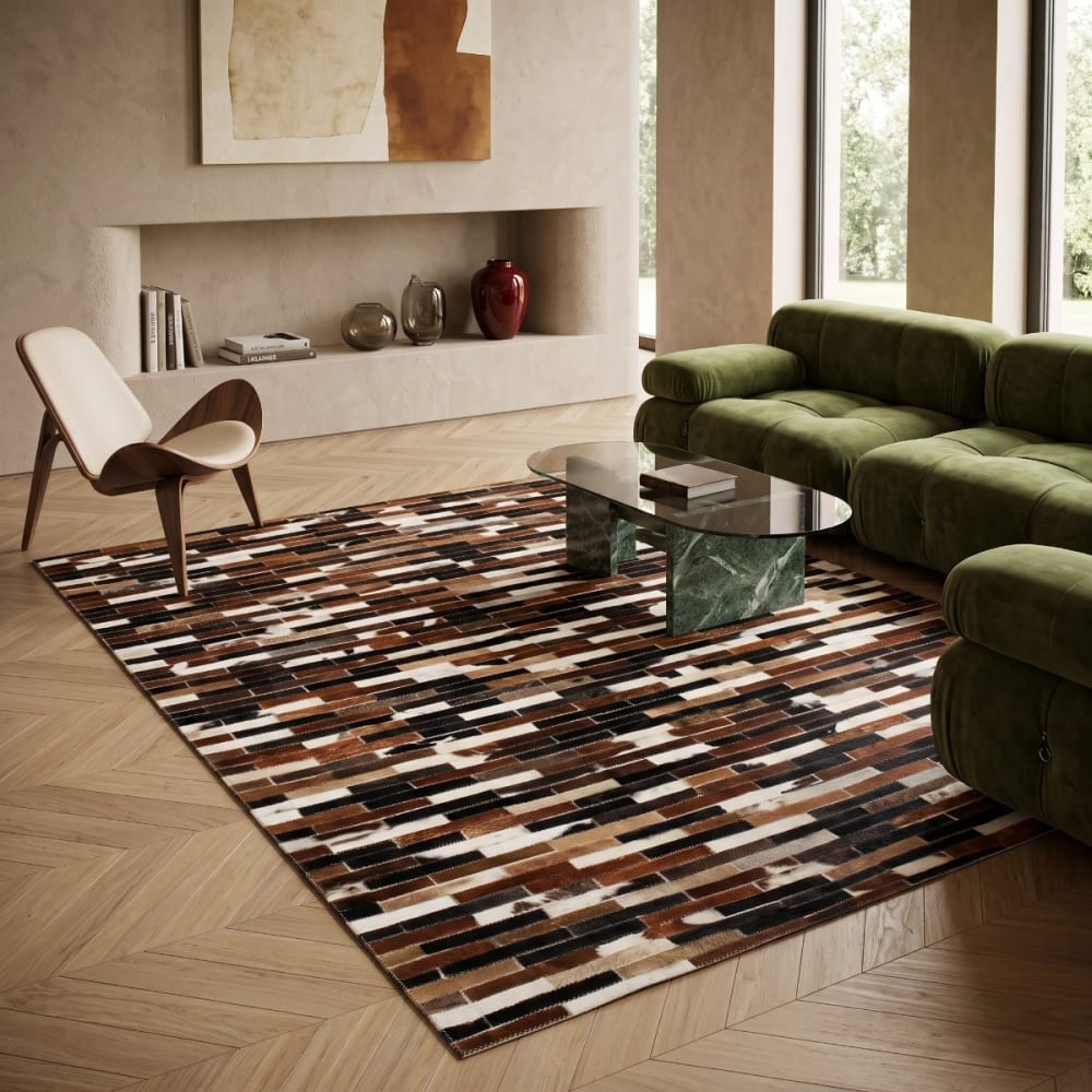 Tapis en cuir recyclé lignes marron 140x200