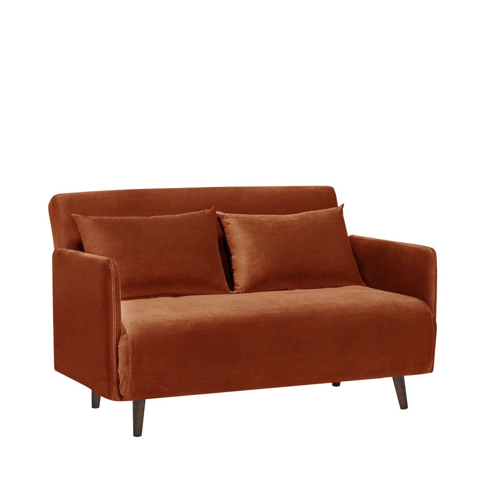 Canapé convertible 2 places en velours pieds bois foncé - rouille