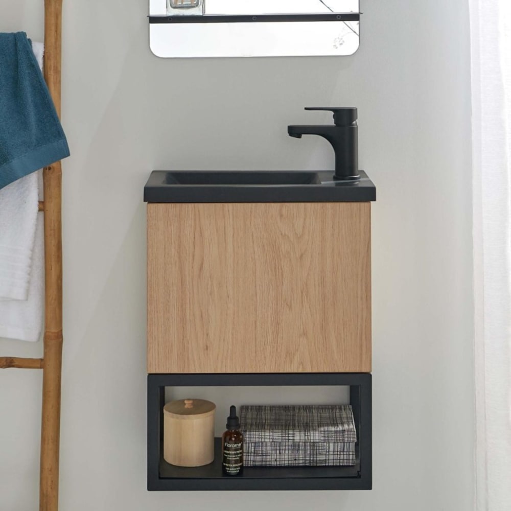 Ensemble lave-mains NOVA suspendu métal et bois avec robinet noir