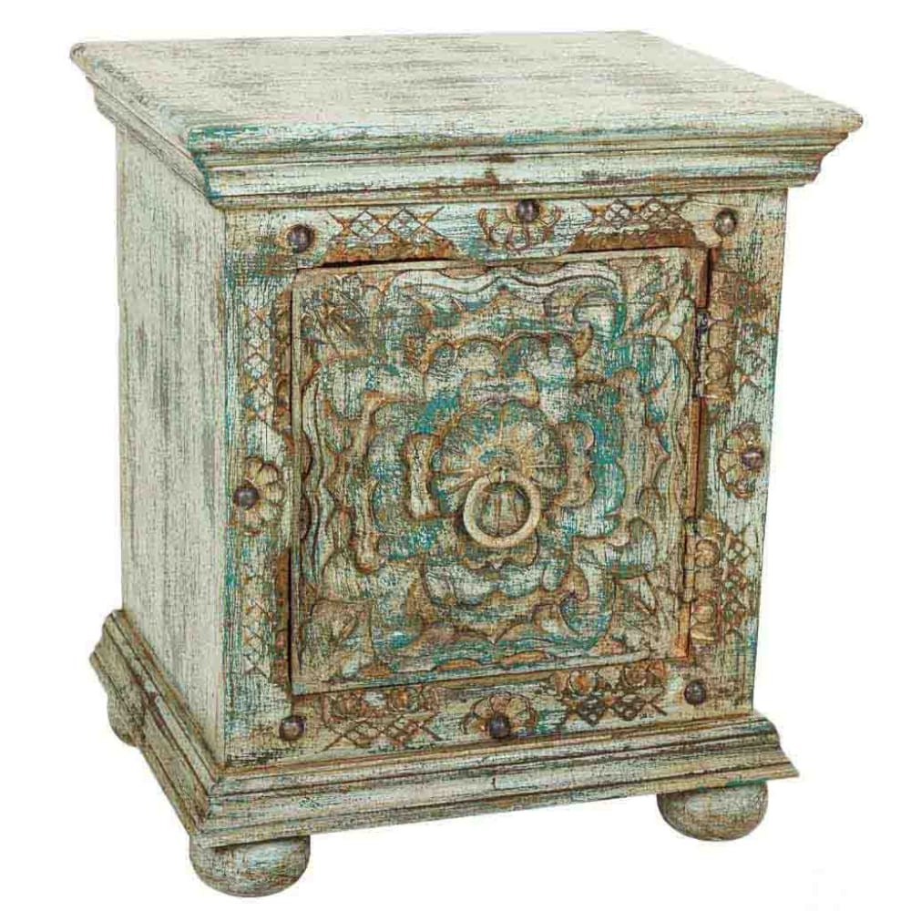 Table De Chevet En Bois Sculpté Vert 50x40x59h