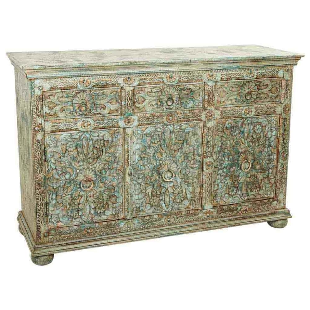 Buffet En Bois Sculpté Vert 147x45x96h