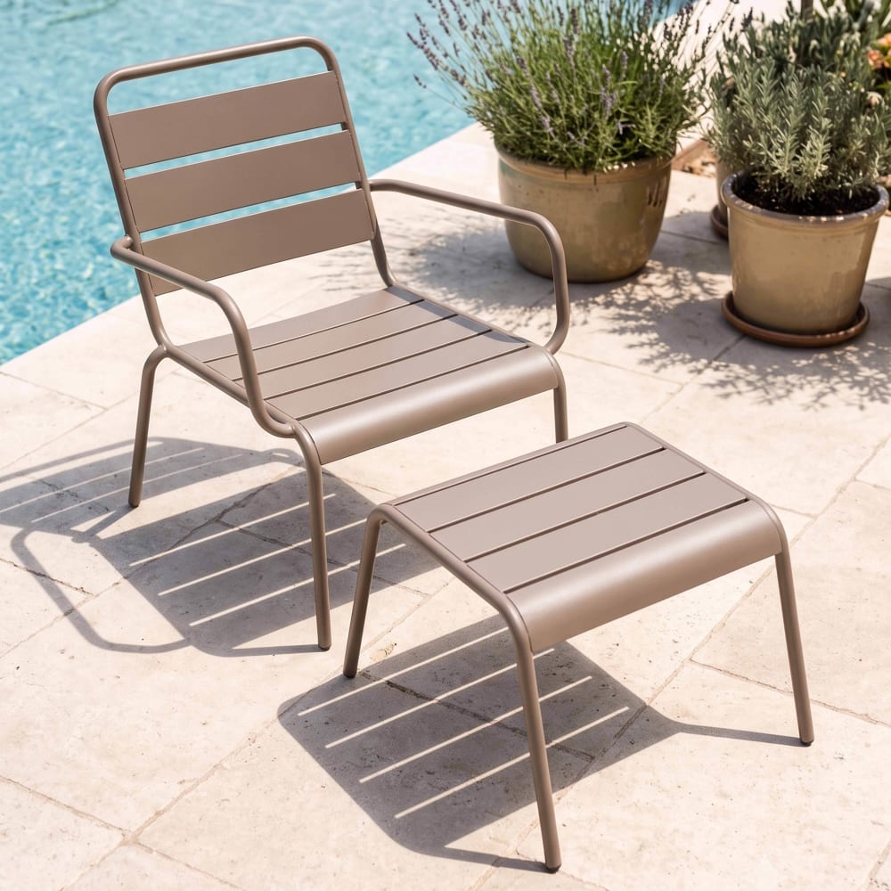 Fauteuil relax et repose pied en métal taupe Palavas Oviala