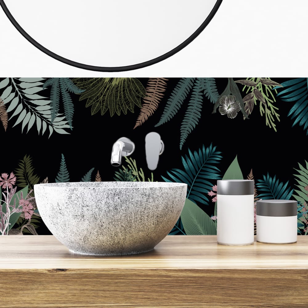 Crédence pour salle de bain en PVC jungle floral noir 140x30 cm (en 2 bandeaux)