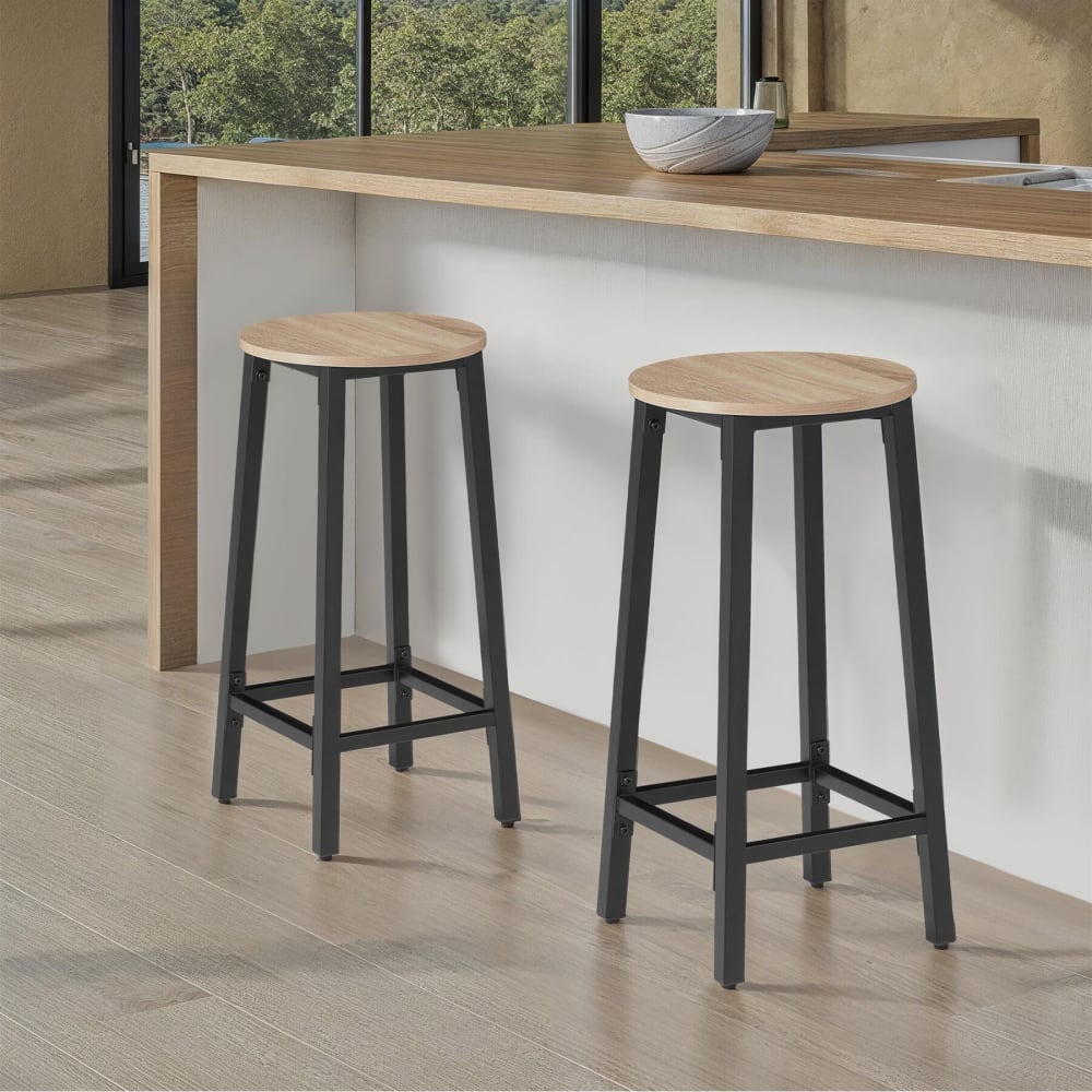Lot De 2 Tabourets De Bar En Bois Et Acier Hauteur 66 Cm Bois Clair