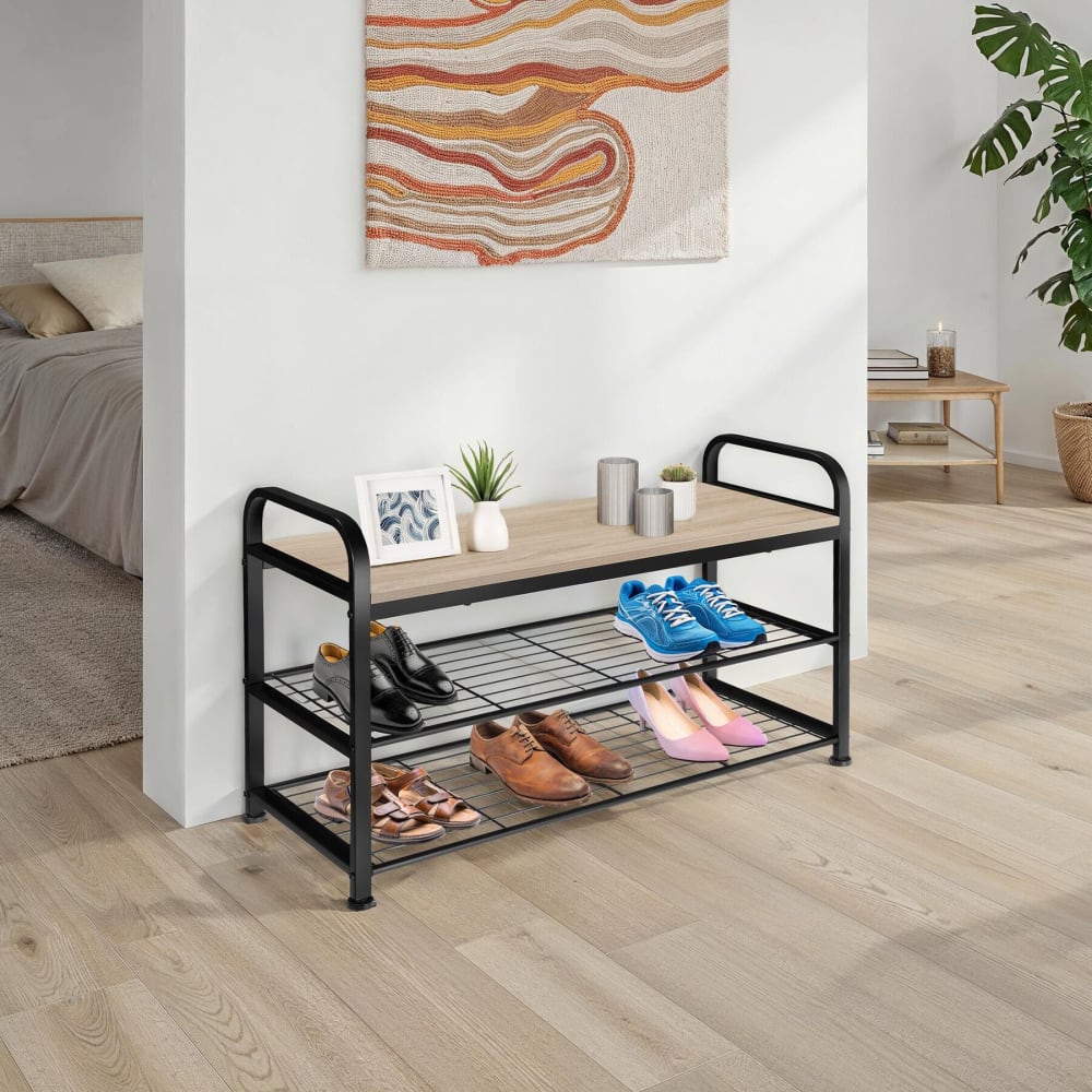 Étagère À Chaussures Style Industriel 91x36x55cm Bois Clair En Acier