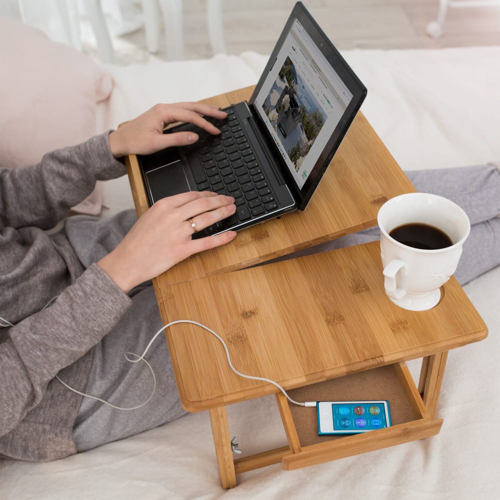 Table pour ordinateur portable, table de lit en bambou, pliable et réglable en hauteur marron