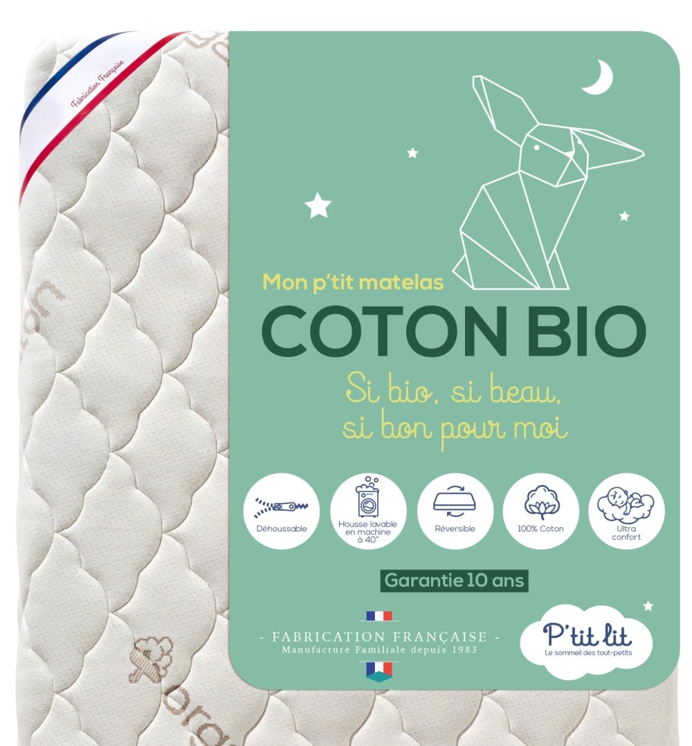 Matelas Enfant/bébé Coton Bio - 70x140x10 Cm - Déhoussable - Sans Traitement Chimique