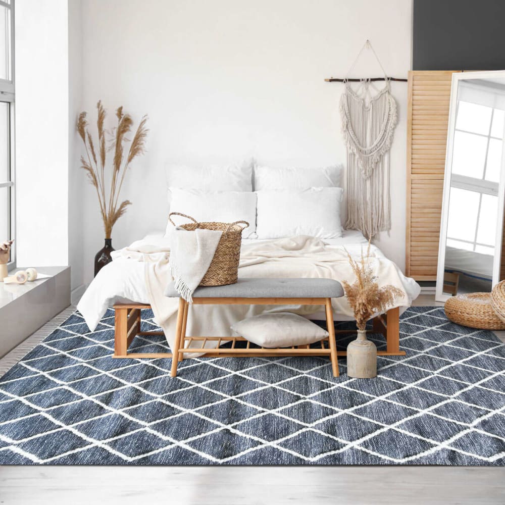 Tapis coton motifs croisillons en laine épaisse gris foncé 160x230