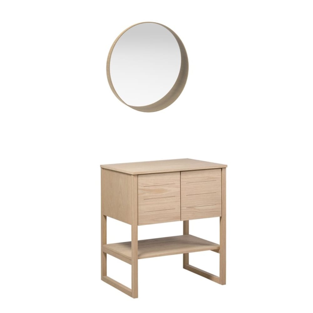 Meuble sous vasque plaqué chêne naturel 70cm + miroir rond