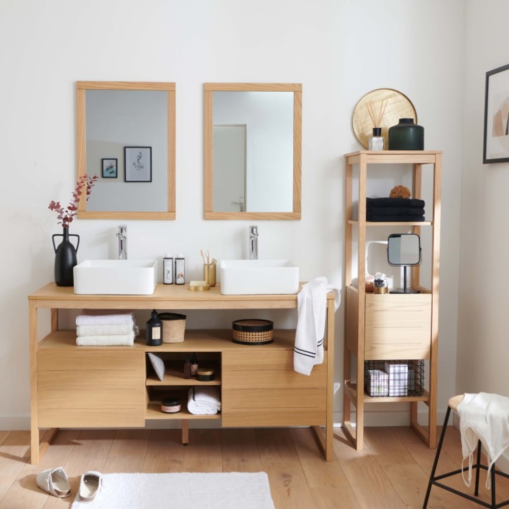 Meuble sous vasque plaqué chêne naturel 140cm+vasque+miroir carré+co