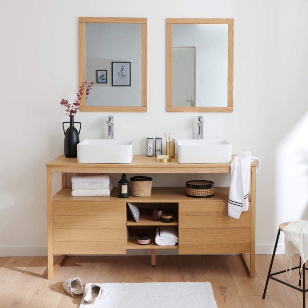 Meuble sous vasque plaqué chêne naturel 140cm + vasque + miroir carré
