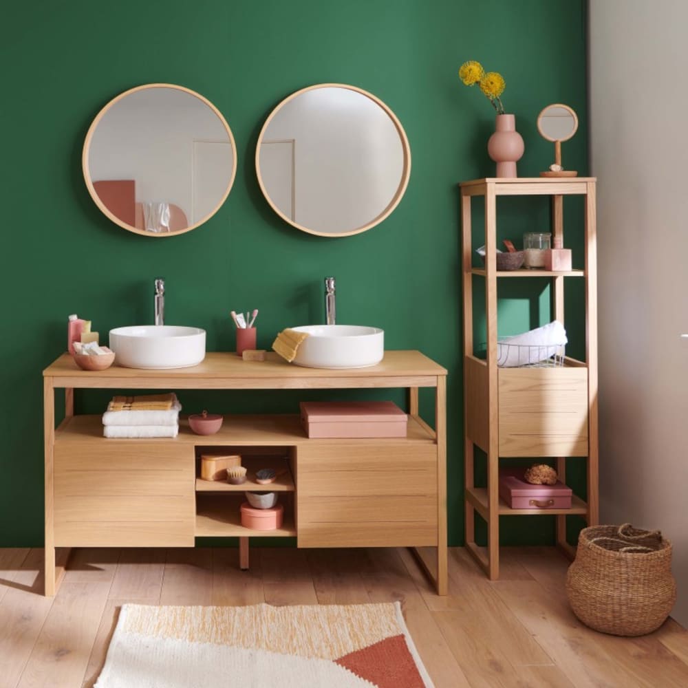 Meuble sous vasque plaqué chêne naturel 140cm+vasqueblanche+miroir+co