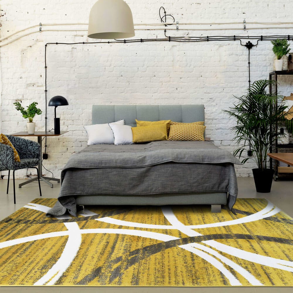 Tapis effet laineux motifs arches jaune et gris 160x230