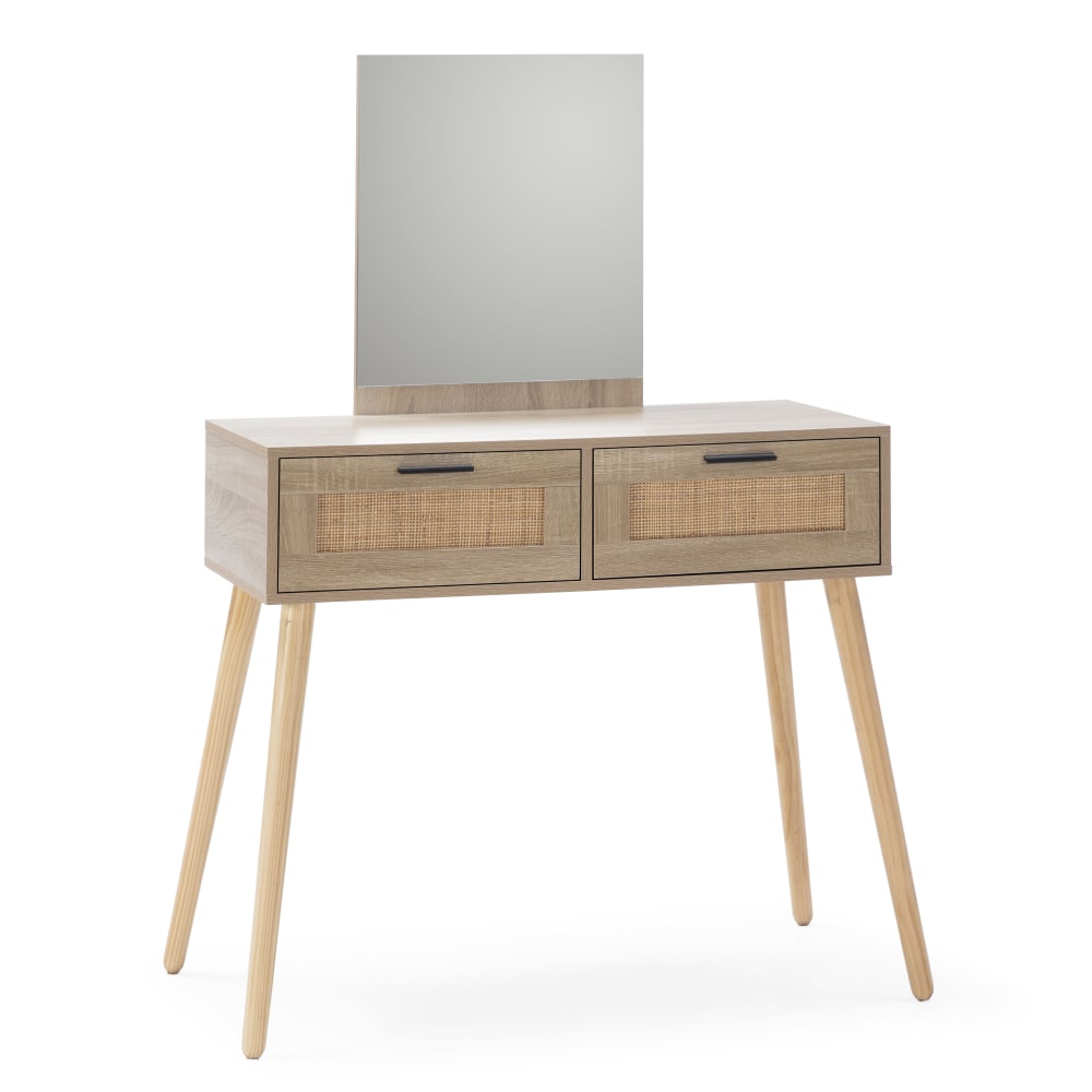 Meuble D'entrée Dalia 2 Tiroirs + Miroir, Couleur Chêne, 90 Cm Longueur