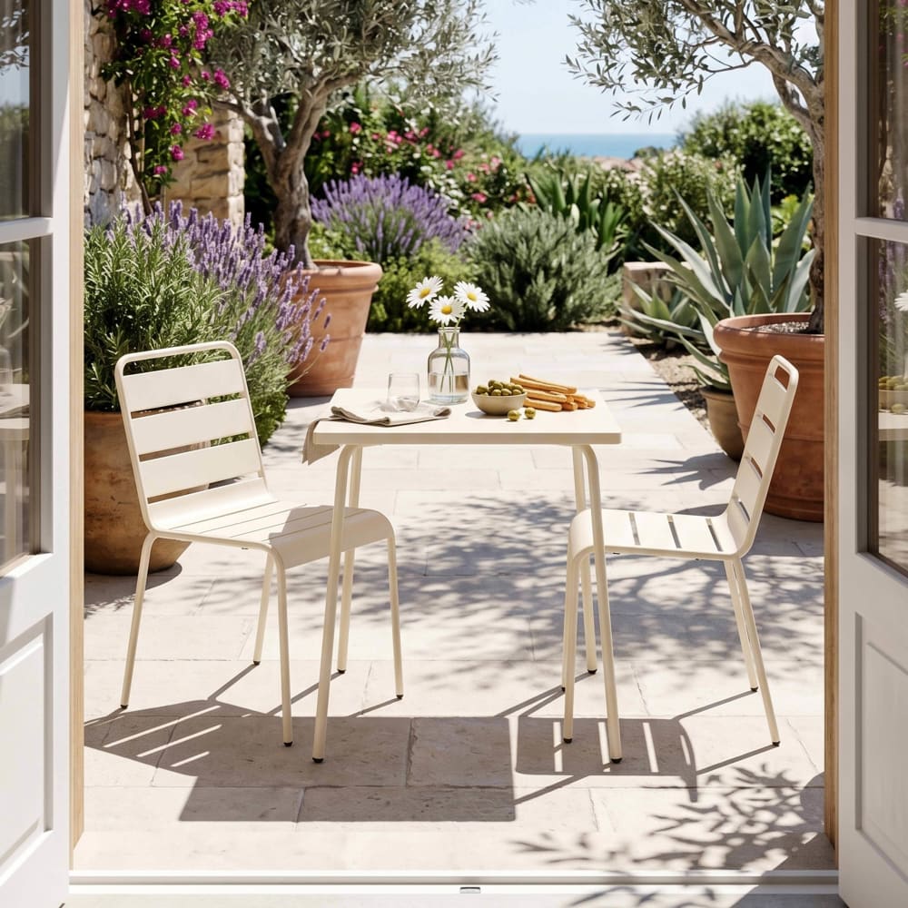 Ensemble table de jardin carrée et 2 chaises acier ivoire Palavas Oviala