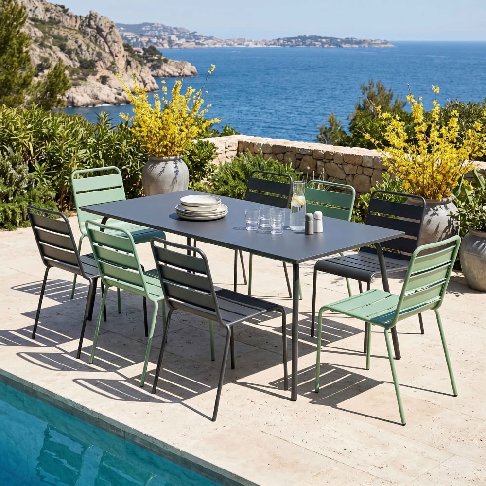 Ensemble table de jardin et 8 chaises en métal gris et vert sauge Palavas Oviala