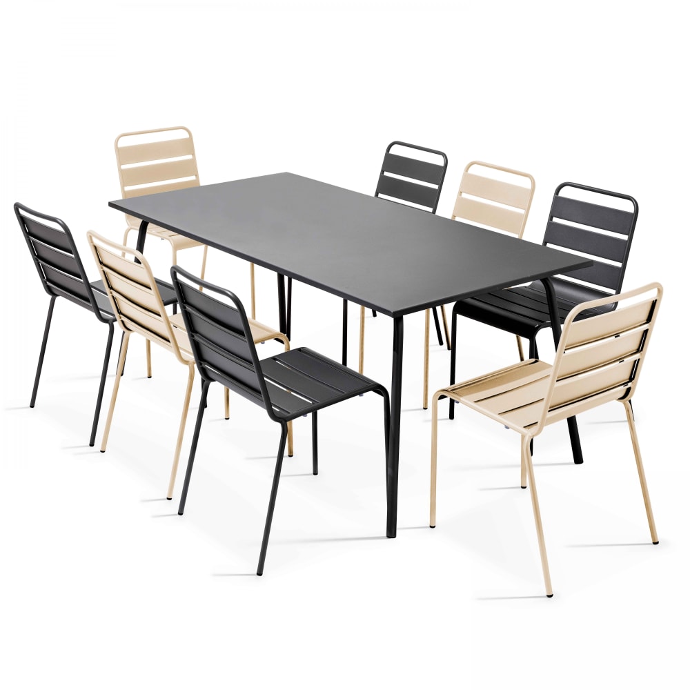 Ensemble table de jardin et 8 chaises en métal gris et ivoire Palavas Oviala