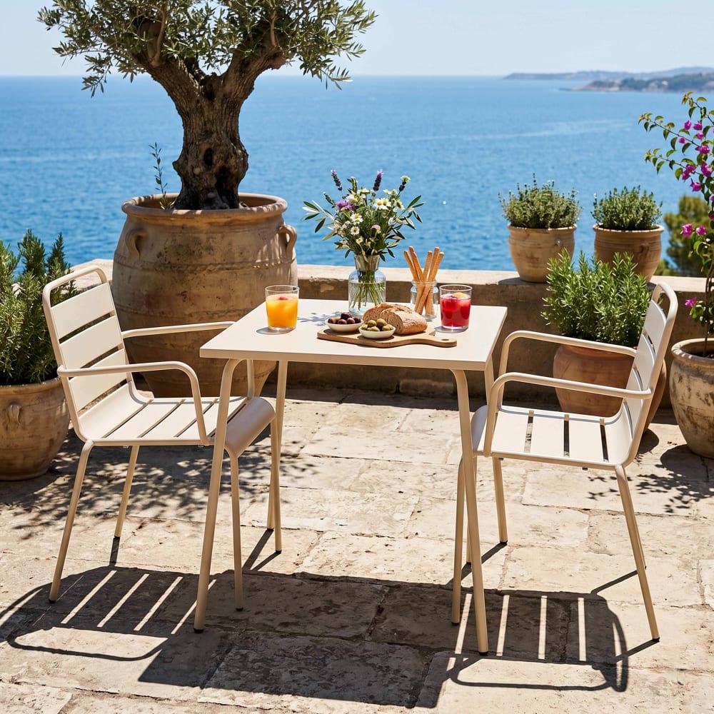 Ensemble table de jardin carrée et 2 fauteuils acier ivoire Palavas Oviala