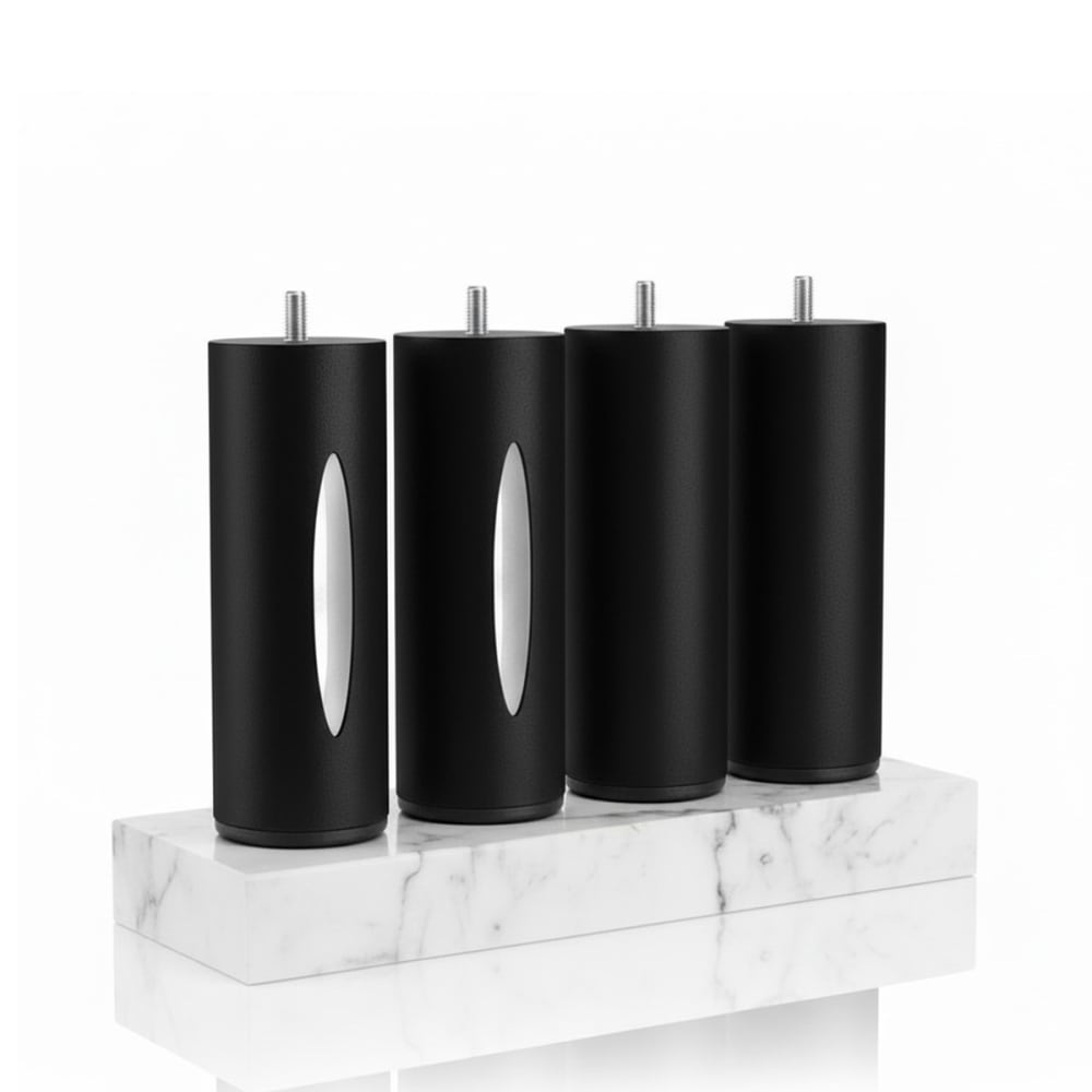 Jeu de 4 pieds de lit cylindriques - 2 lumineux + 2 métal noir - 16 cm