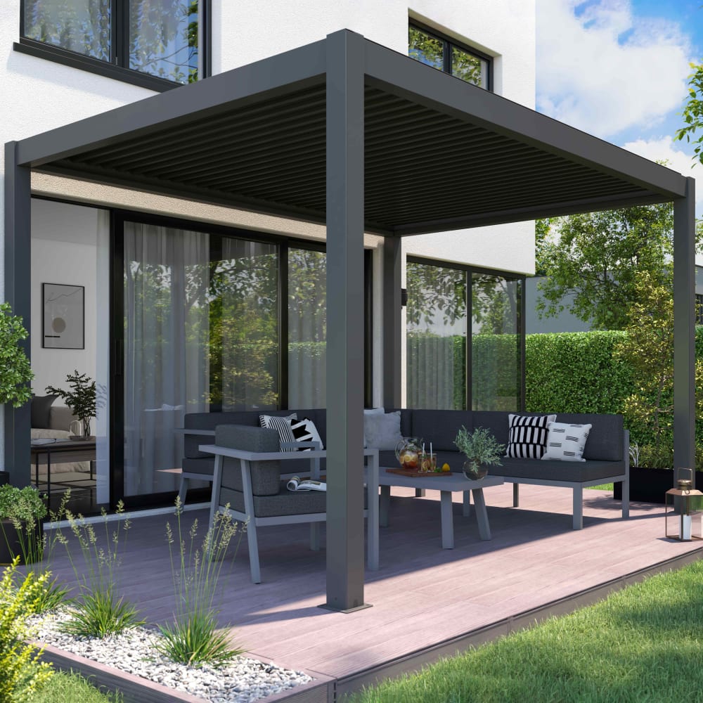 Pergola bioclimatique autoportée motorisée et éclairée 3 x4 m gris Oviala