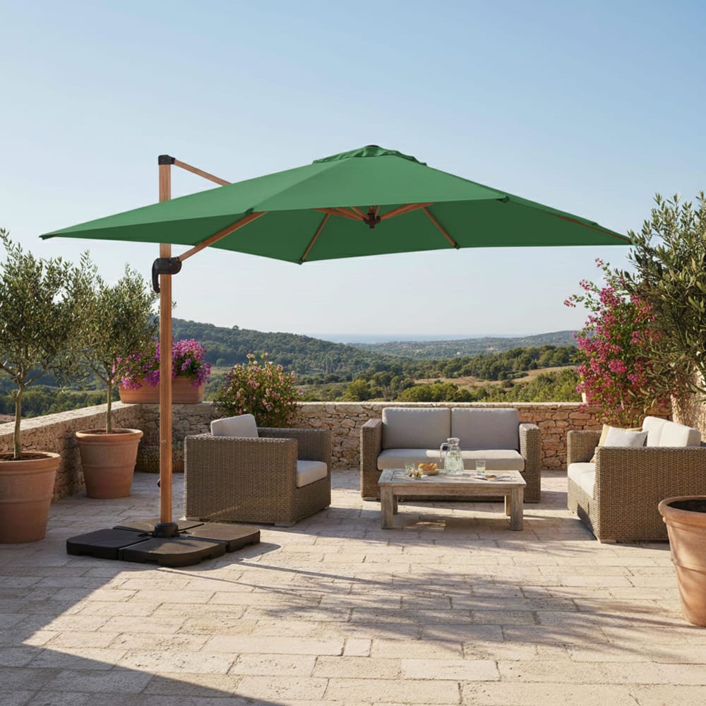 Parasol déporté 3x3m et 4 dalles à remplir effet bois vert cactus Oviala