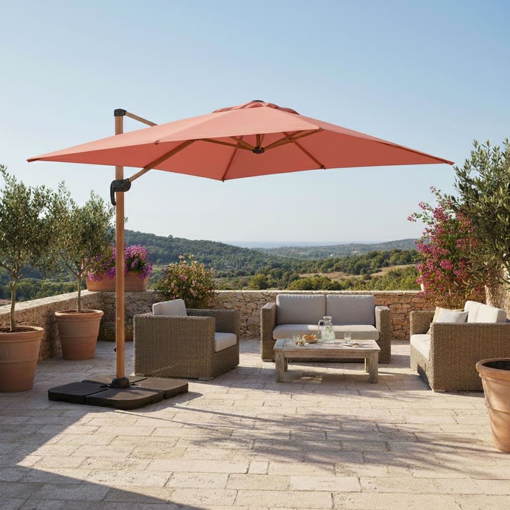 Parasol déporté 3x3m et 4 dalles à remplir effet bois argile Oviala