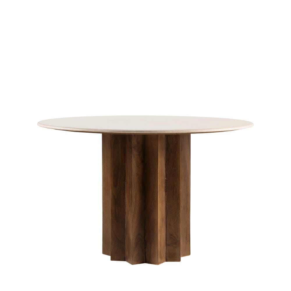 Sorong - Table à manger 4 personnes ronde en marbre et bois massif - Ivoire