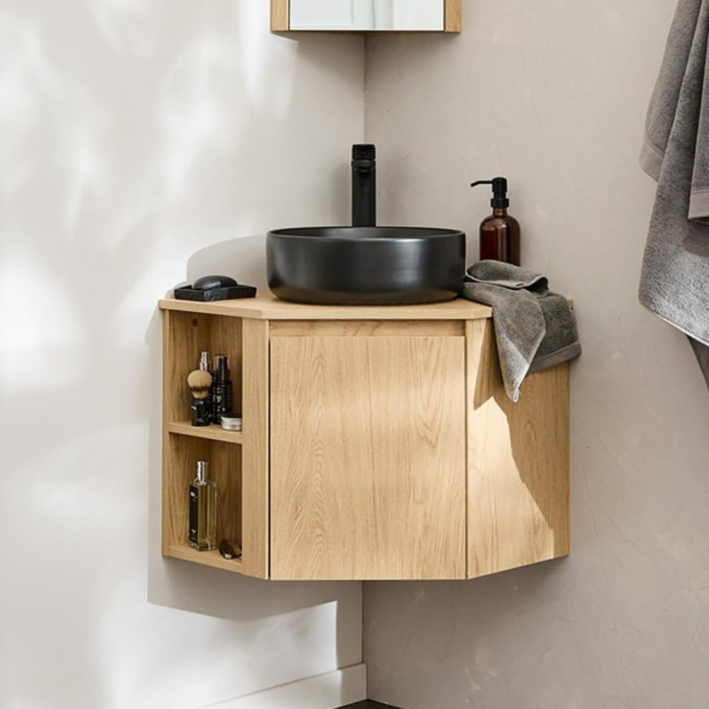 Ensemble meuble sous vasque d'angle SORRENTO + vasque noire + robinet