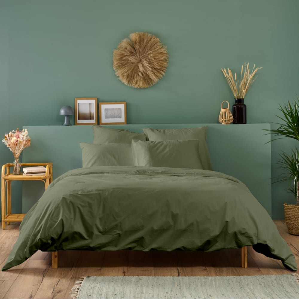 Parure de lit 2 personnes coton percale kaki 220x240cm