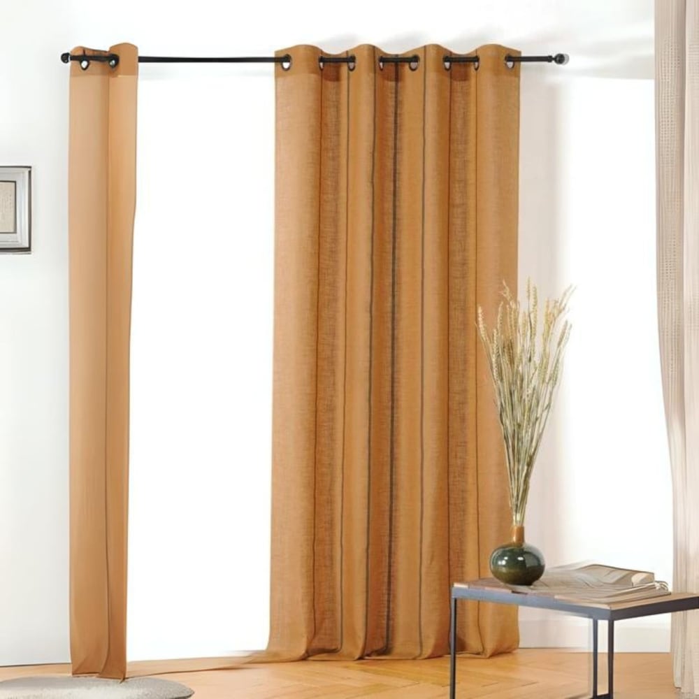 Voilage aux fines rayures noires poly-lin cuivre 145x260 cm