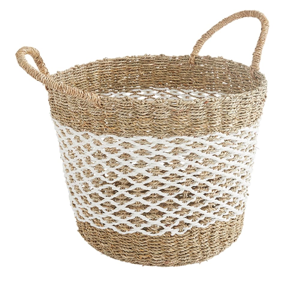 Panier de rangement poignées jonc mer naturel, blanc 40 x 40 x 30 cm