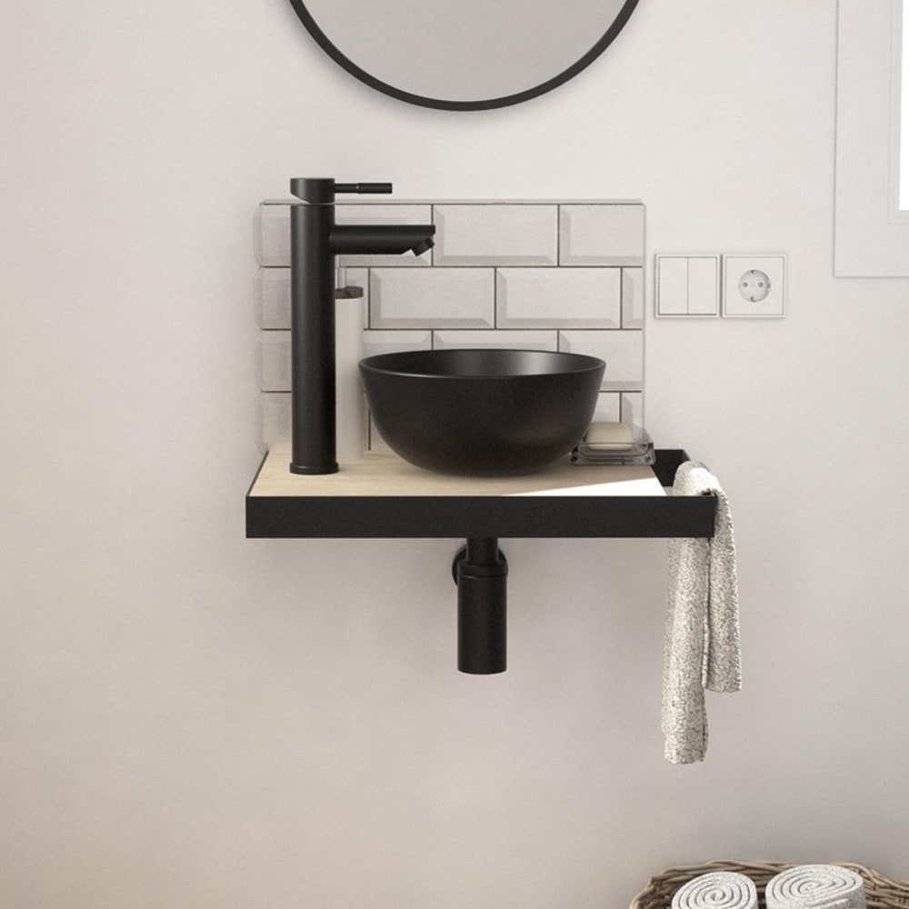 Meuble lave-mains SOHO plan fin et porte serviette côté vasque noire