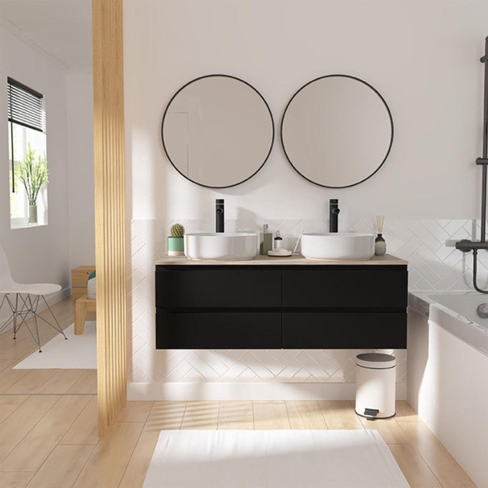 Meuble double vasque SORRENTO suspendu avec plan effet bois 120 cm