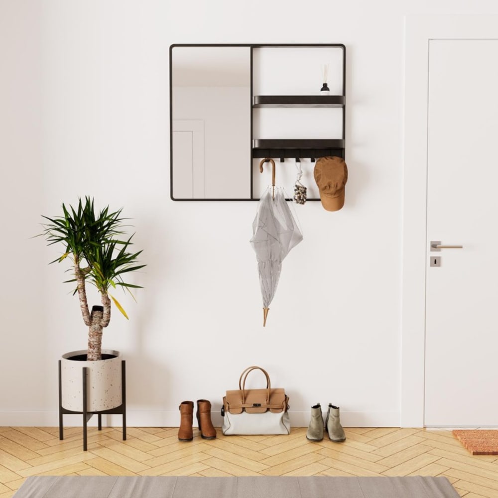 Miroir d'entrée en métal noir 90x80cm - avec rangement et patères